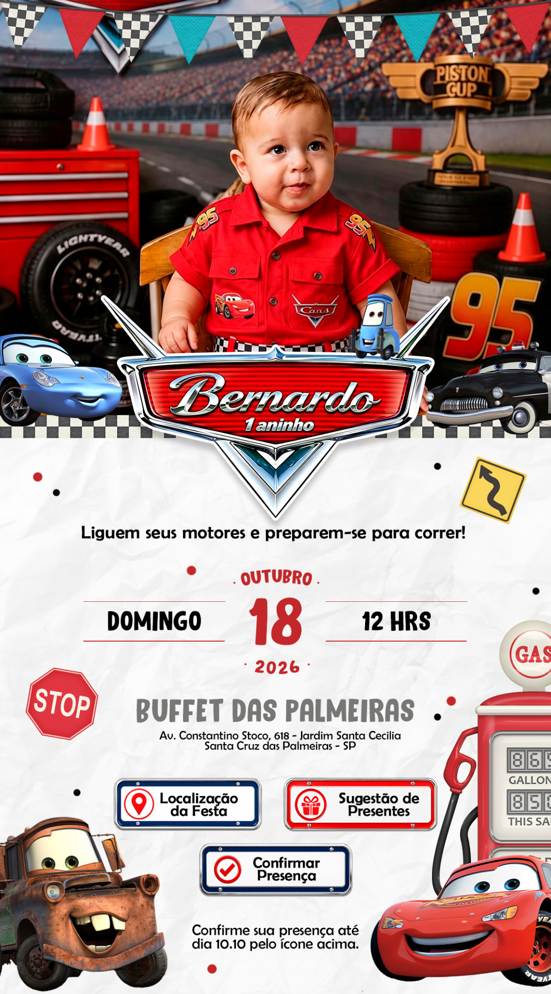 Convite de aniversário de 1 aninho do Bernardo, dia 18 de outubro de 2026 às 12 horas.