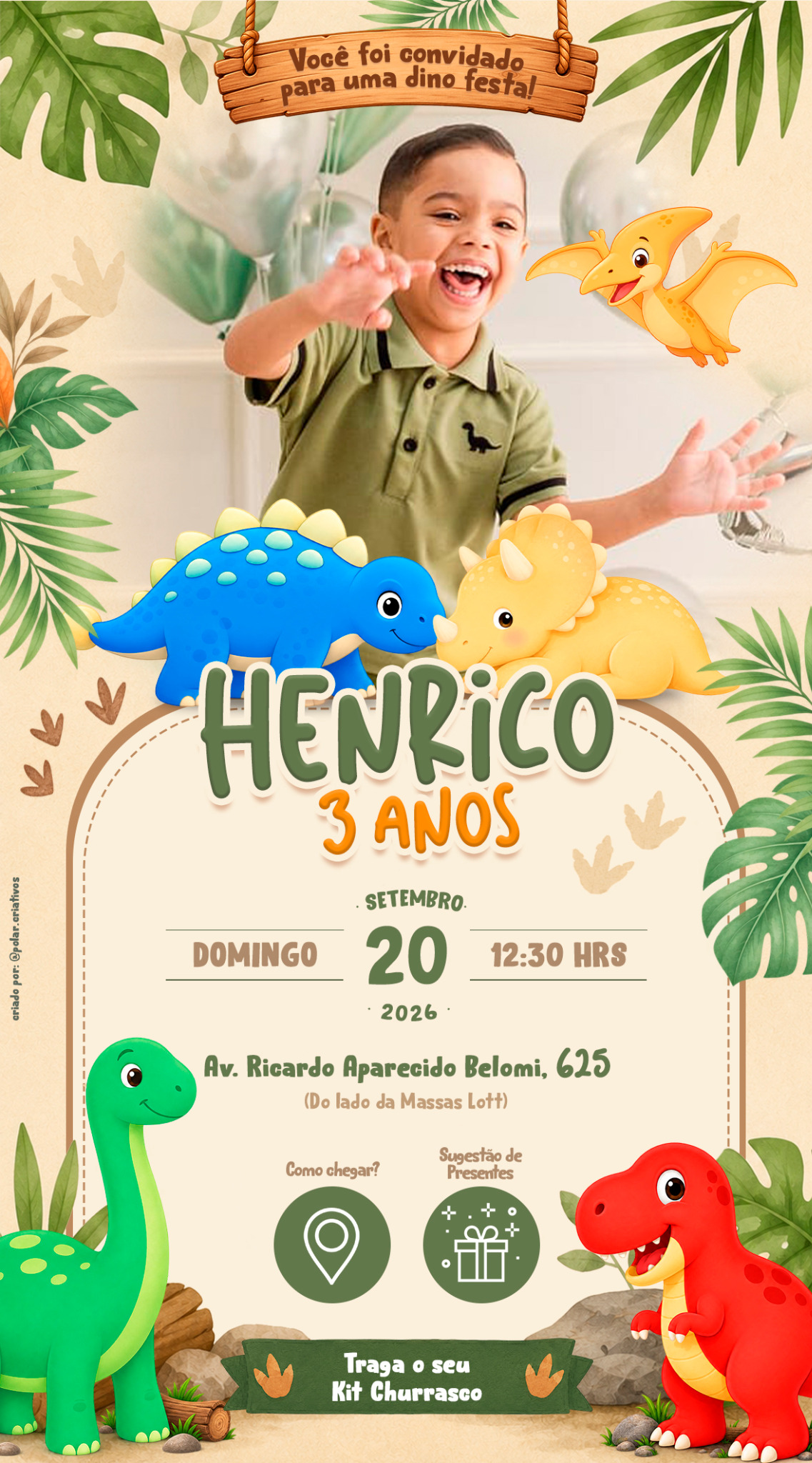 Convite de aniversário de 3 anos do Henrico, dia 20 de setembro de 2026 às 12h30.